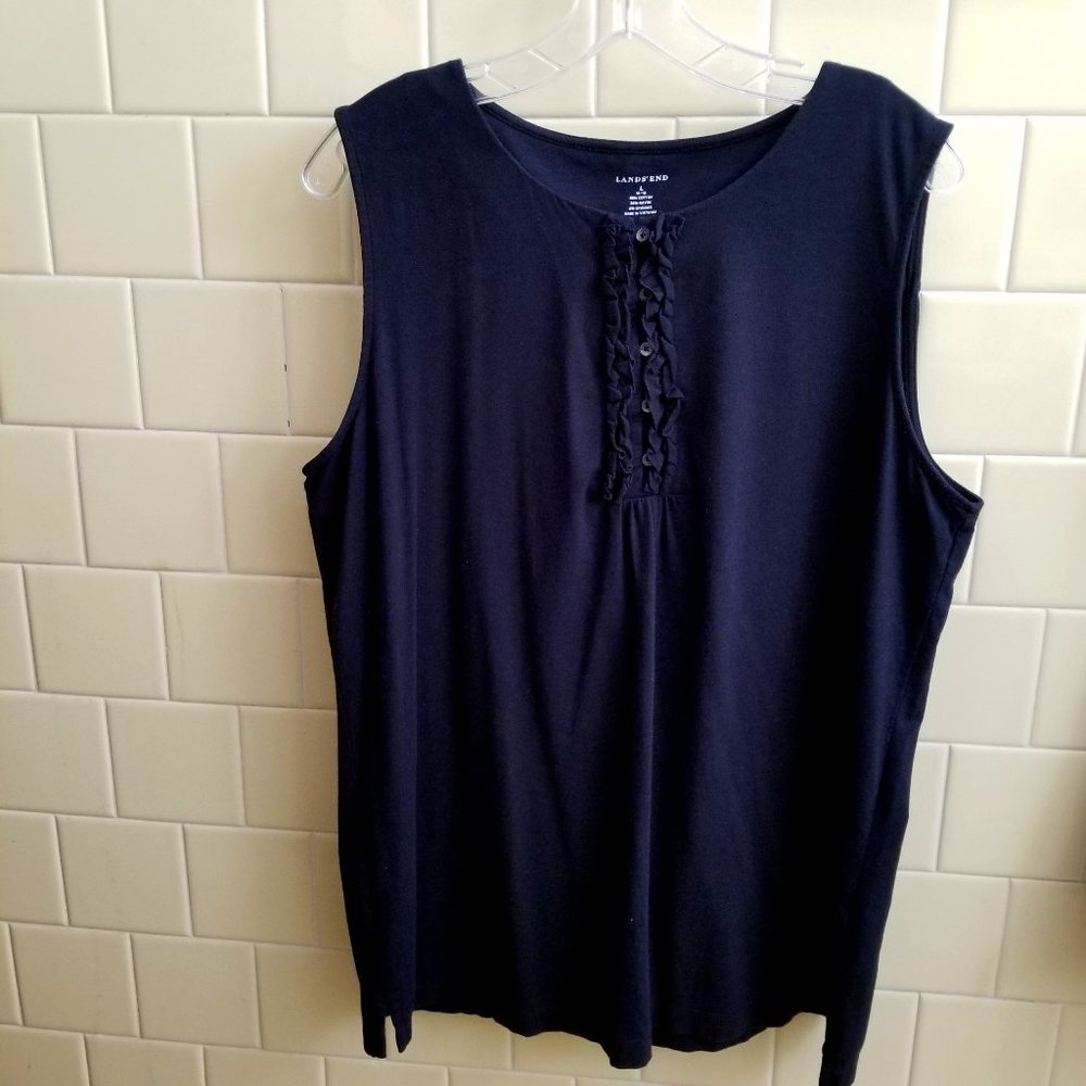 🎉HP🎉 Lands' End Women's Black Cotton Blend Knit Sleeveless Ruffle Henley Top
